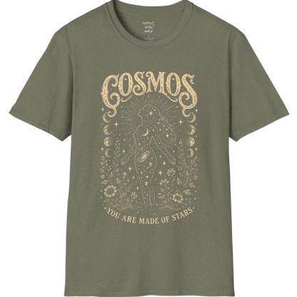 Heather Military Green Cosmos T-Shirt with celestial engraved artwork and faded vintage spiritual illustration styling.