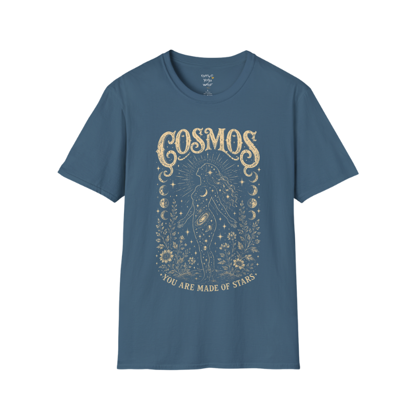 Indigo Blue Cosmos T-Shirt featuring mystical celestial graphics with vintage etched detailing and cosmic-inspired artwork.