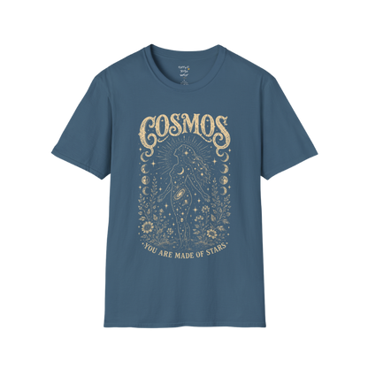 Indigo Blue Cosmos T-Shirt featuring mystical celestial graphics with vintage etched detailing and cosmic-inspired artwork.