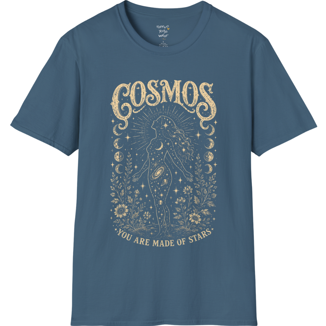 Indigo Blue Cosmos T-Shirt featuring mystical celestial graphics with vintage etched detailing and cosmic-inspired artwork.