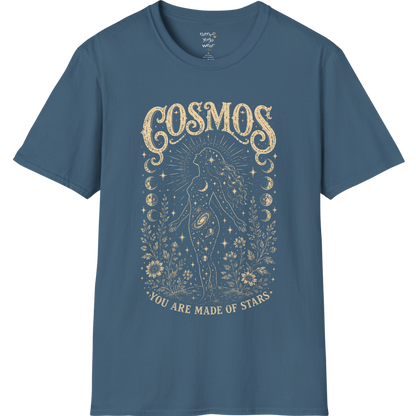 Indigo Blue Cosmos T-Shirt featuring mystical celestial graphics with vintage etched detailing and cosmic-inspired artwork.