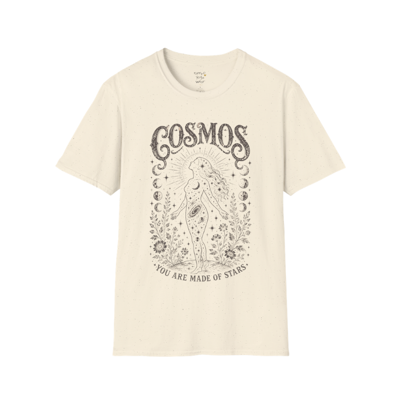 Natural Cosmos T-Shirt featuring dark grey celestial etched artwork with distressed mystical detailing and vintage spiritual styling.