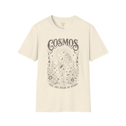 Natural Cosmos T-Shirt featuring dark grey celestial etched artwork with distressed mystical detailing and vintage spiritual styling.