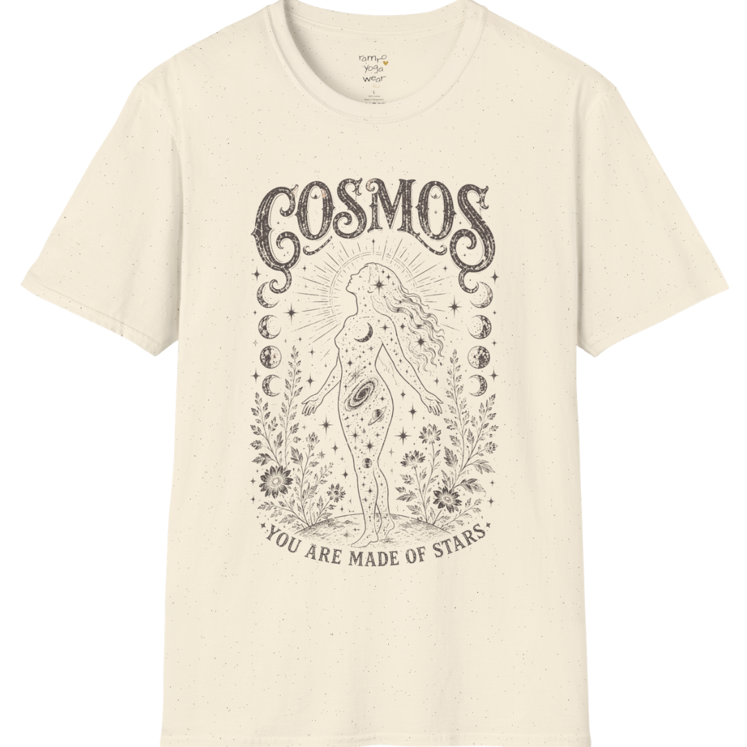 Natural Cosmos T-Shirt featuring dark grey celestial etched artwork with distressed mystical detailing and vintage spiritual styling.