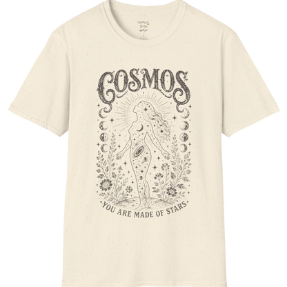 Natural Cosmos T-Shirt featuring dark grey celestial etched artwork with distressed mystical detailing and vintage spiritual styling.