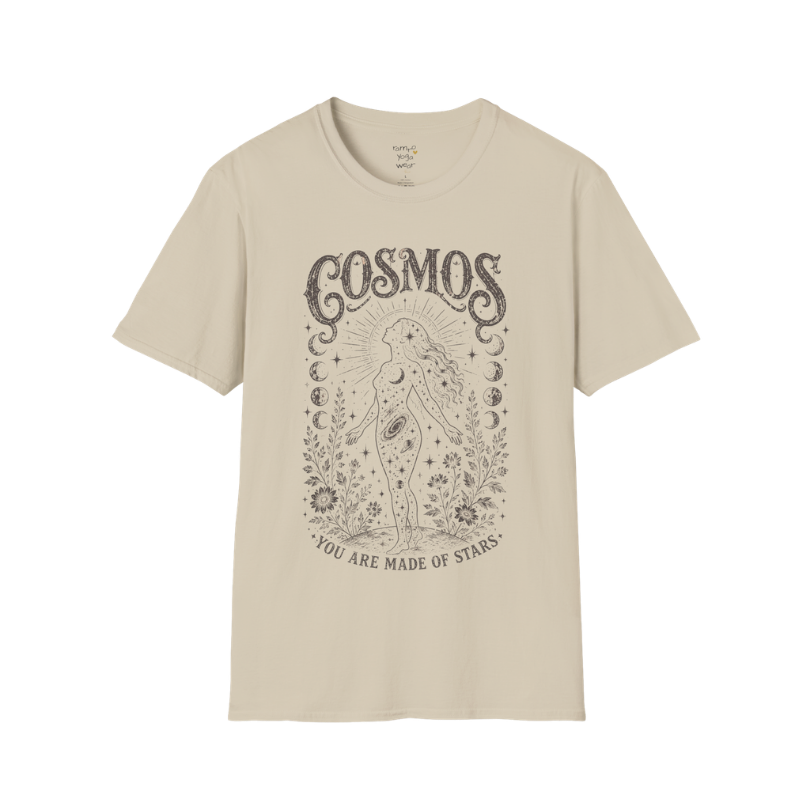 Sand Cosmos T-Shirt with faded dark grey cosmic illustration inspired by celestial symbolism and vintage engraved artwork.