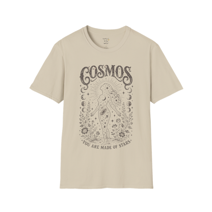 Sand Cosmos T-Shirt with faded dark grey cosmic illustration inspired by celestial symbolism and vintage engraved artwork.