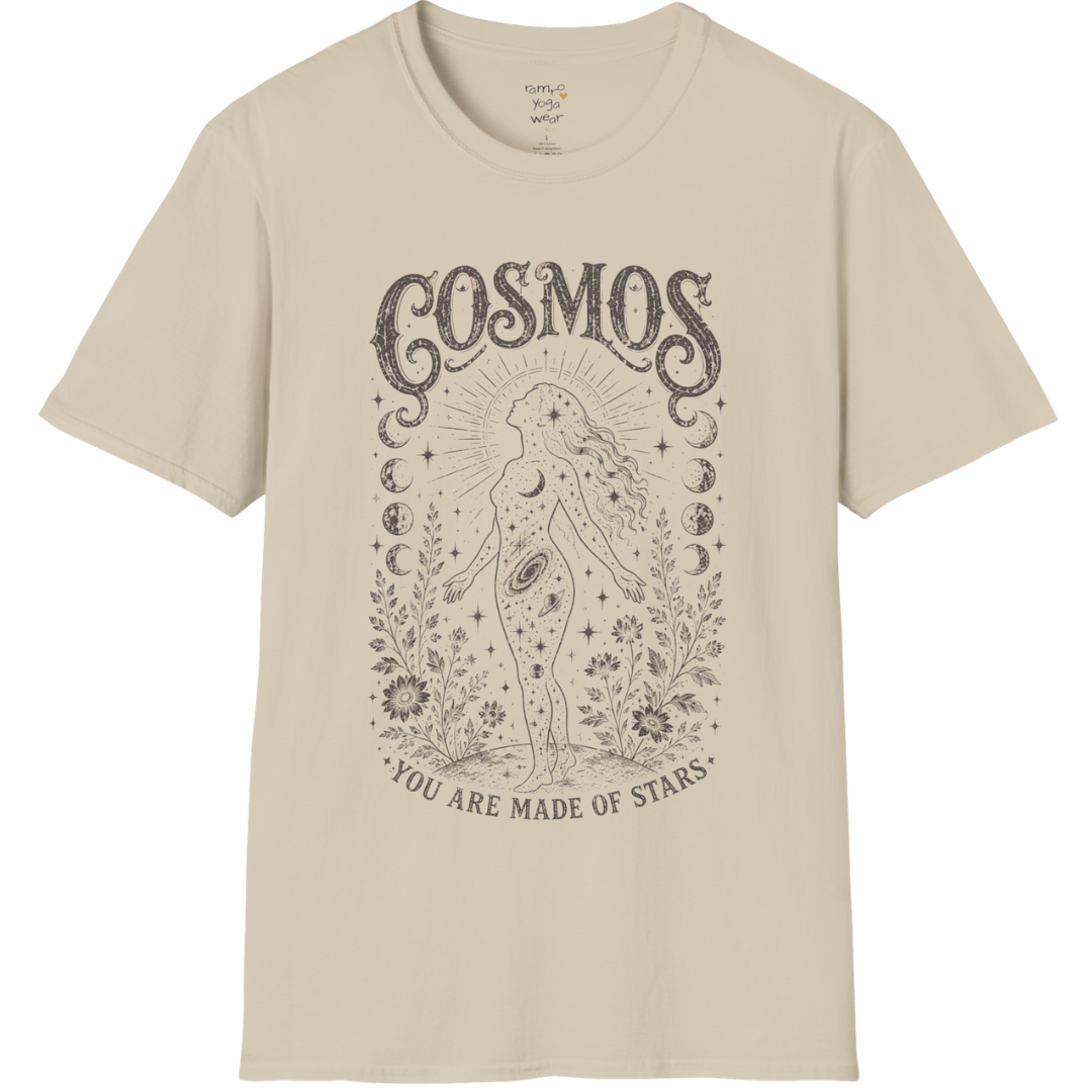 Sand Cosmos T-Shirt with faded dark grey cosmic illustration inspired by celestial symbolism and vintage engraved artwork.
