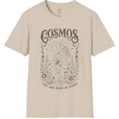 Sand Cosmos T-Shirt with faded dark grey cosmic illustration inspired by celestial symbolism and vintage engraved artwork.