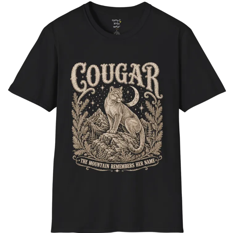 Cougar T-Shirt flat lay with a cougar perched on a mountain rock ledge beneath a crescent moon and pine framing — vintage engraved graphic tee by Ramro Yoga Wear in Black.