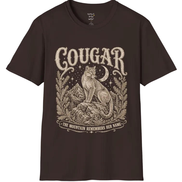 Cougar T-Shirt flat lay with a cougar perched on a mountain rock ledge beneath a crescent moon and pine framing — vintage engraved graphic tee by Ramro Yoga Wear in Dark Chocolate.