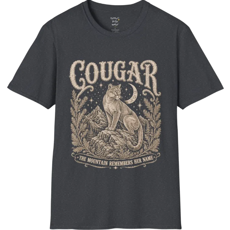 Cougar T-Shirt flat lay with a cougar perched on a mountain rock ledge beneath a crescent moon and pine framing — vintage engraved graphic tee by Ramro Yoga Wear in Dark Heather Grey.