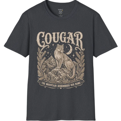 Cougar T-Shirt flat lay with a cougar perched on a mountain rock ledge beneath a crescent moon and pine framing — vintage engraved graphic tee by Ramro Yoga Wear in Dark Heather Grey.