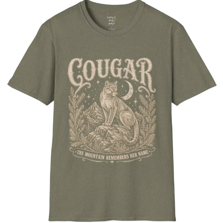 Cougar T-Shirt flat lay with a cougar perched on a mountain rock ledge beneath a crescent moon and pine framing — vintage engraved graphic tee by Ramro Yoga Wear in Heather Military Green.