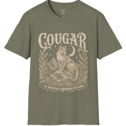Cougar T-Shirt flat lay with a cougar perched on a mountain rock ledge beneath a crescent moon and pine framing — vintage engraved graphic tee by Ramro Yoga Wear in Heather Military Green.