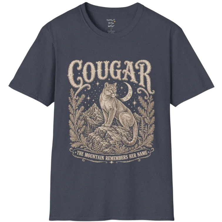 Cougar T-Shirt flat lay with a cougar perched on a mountain rock ledge beneath a crescent moon and pine framing — vintage engraved graphic tee by Ramro Yoga Wear in Heather Navy.