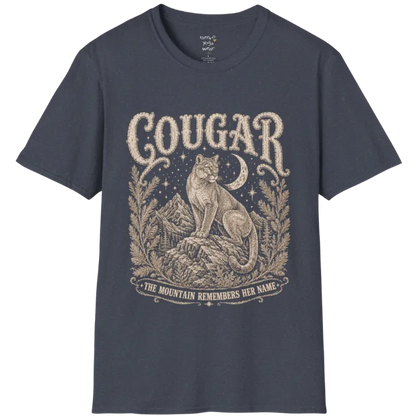 Cougar T-Shirt flat lay with a cougar perched on a mountain rock ledge beneath a crescent moon and pine framing — vintage engraved graphic tee by Ramro Yoga Wear in Heather Navy.