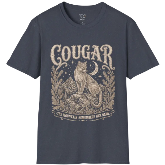 Cougar T-Shirt flat lay with a cougar perched on a mountain rock ledge beneath a crescent moon and pine framing — vintage engraved graphic tee by Ramro Yoga Wear in Heather Navy.