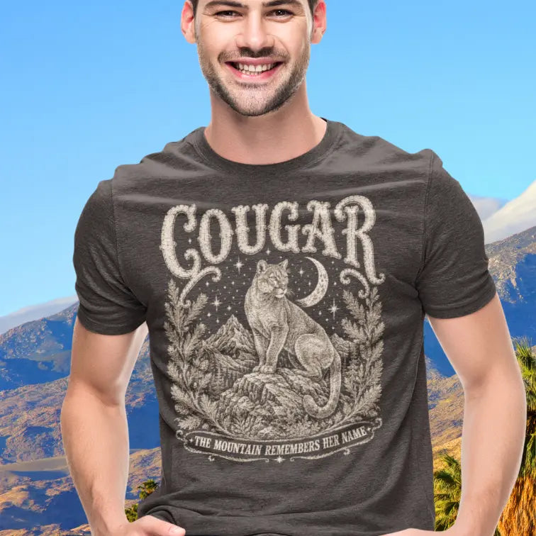 Man wearing Cougar T-Shirt outdoors with mountains behind him, shirt in Dark Chocolate