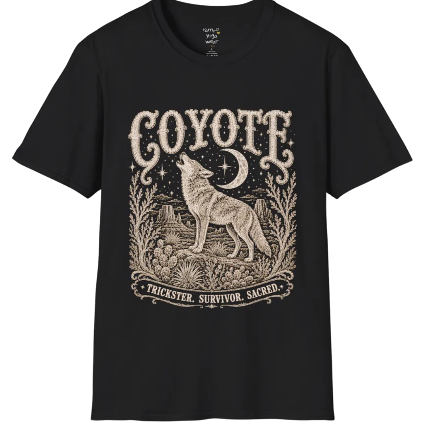 Coyote T-Shirt flat lay short sleeved — vintage engraved coyote graphic tee by Ramro Yoga Wear in Black.
