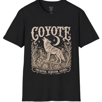 Coyote T-Shirt flat lay short sleeved — vintage engraved coyote graphic tee by Ramro Yoga Wear in Black.