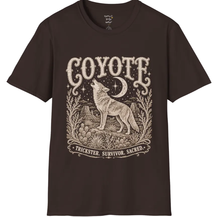 Coyote T-Shirt flat lay short sleeved — vintage engraved coyote graphic tee by Ramro Yoga Wear in Dark Chocolate.