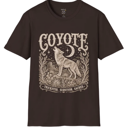 Coyote T-Shirt flat lay short sleeved — vintage engraved coyote graphic tee by Ramro Yoga Wear in Dark Chocolate.