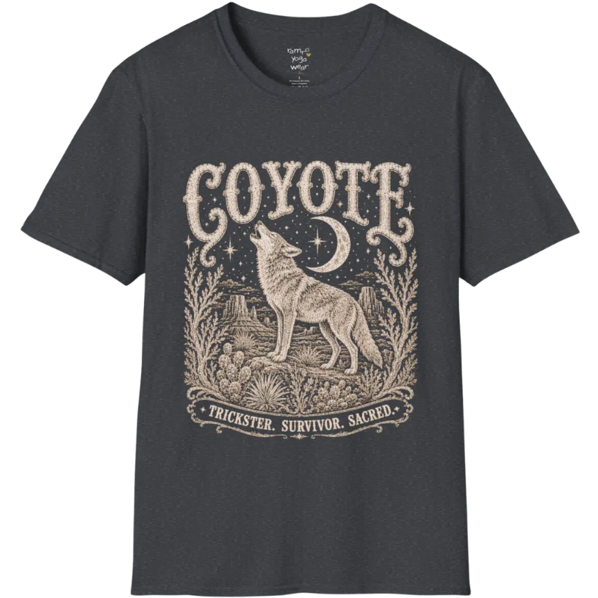 Coyote T-Shirt flat lay short sleeved — vintage engraved coyote graphic tee by Ramro Yoga Wear in Dark Heather Grey.
