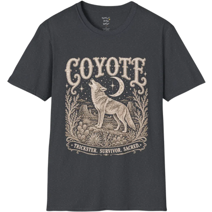 Coyote T-Shirt flat lay short sleeved — vintage engraved coyote graphic tee by Ramro Yoga Wear in Dark Heather Grey.