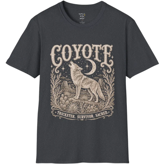 Coyote T-Shirt flat lay short sleeved — vintage engraved coyote graphic tee by Ramro Yoga Wear in Dark Heather Grey.