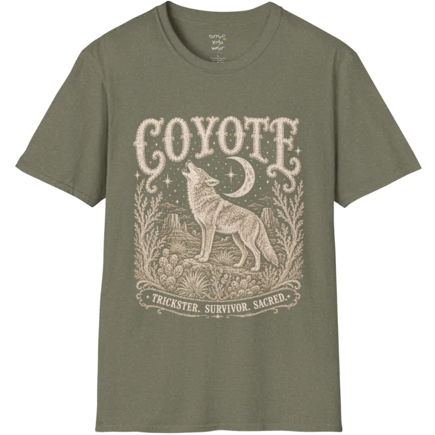 Coyote T-Shirt flat lay short sleeved — vintage engraved coyote graphic tee by Ramro Yoga Wear in Heather Military Green.