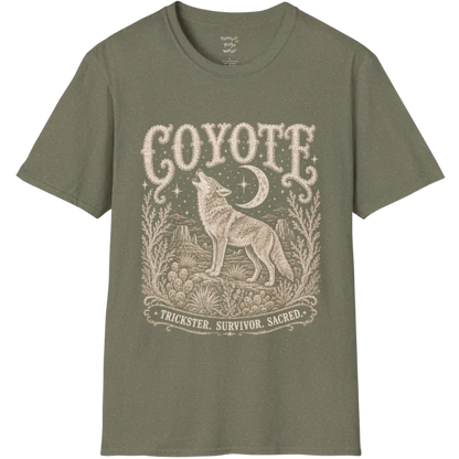 Coyote T-Shirt flat lay short sleeved — vintage engraved coyote graphic tee by Ramro Yoga Wear in Heather Military Green.