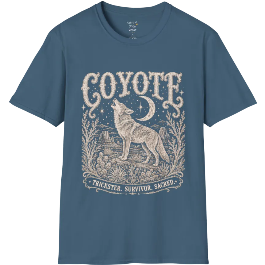 Coyote T-Shirt flat lay short sleeved — vintage engraved coyote graphic tee by Ramro Yoga Wear in Indigo Blue.