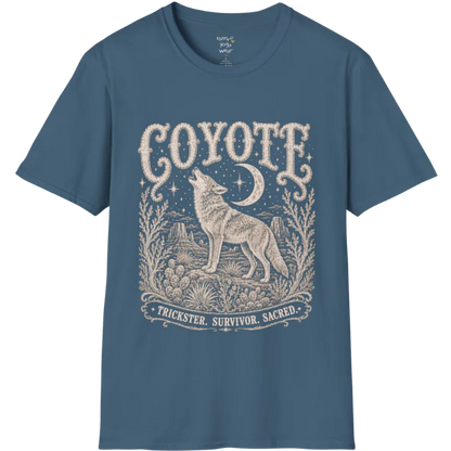 Coyote T-Shirt flat lay short sleeved — vintage engraved coyote graphic tee by Ramro Yoga Wear in Indigo Blue.