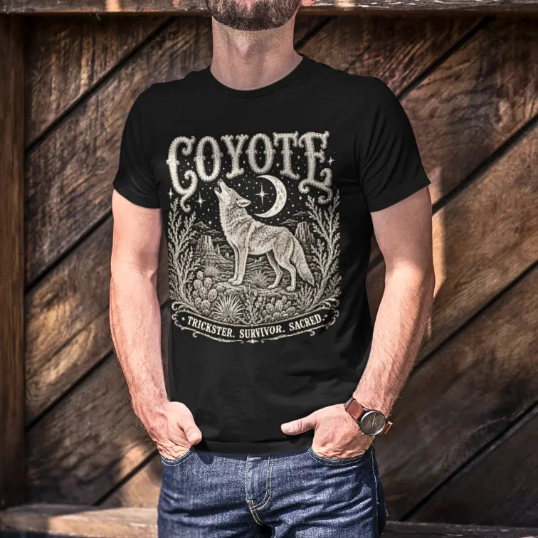 Man wearing Coyote T-Shirt against a wooden wall backdrop, hands at his waistband, shirt in black.