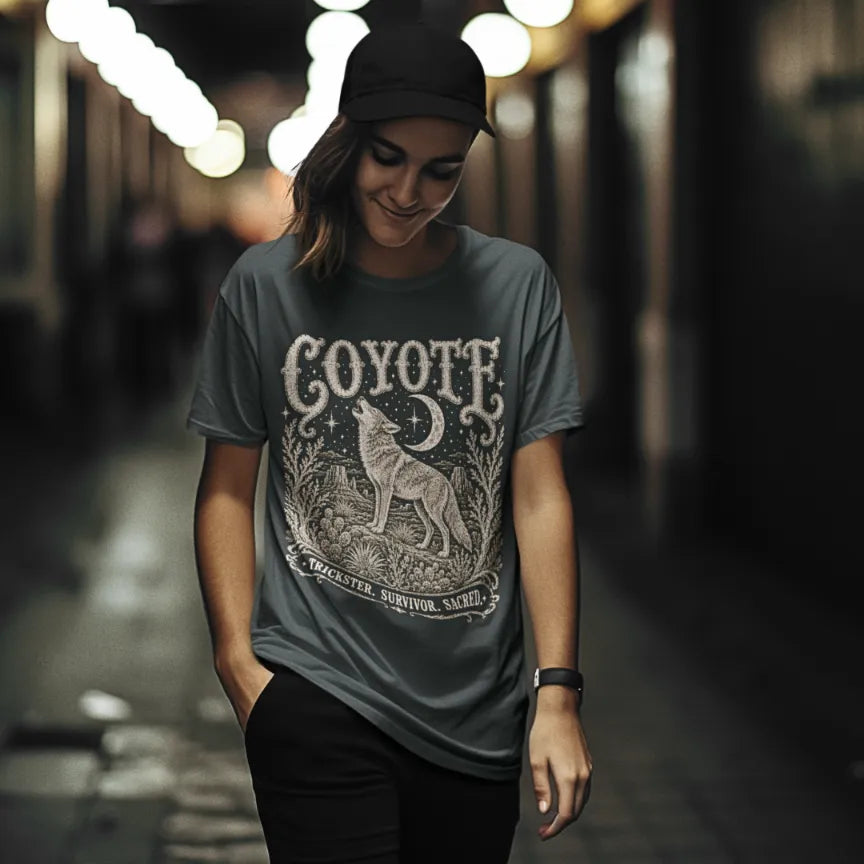 Woman wearing Coyote T-Shirt walking down a city alley at night, shirt in Dark Heather Grey.
