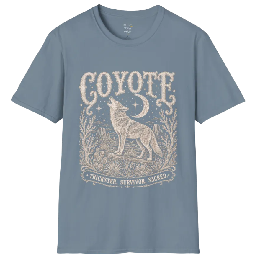 Coyote T-Shirt flat lay short sleeved — vintage engraved coyote graphic tee by Ramro Yoga Wear in Stone Blue.