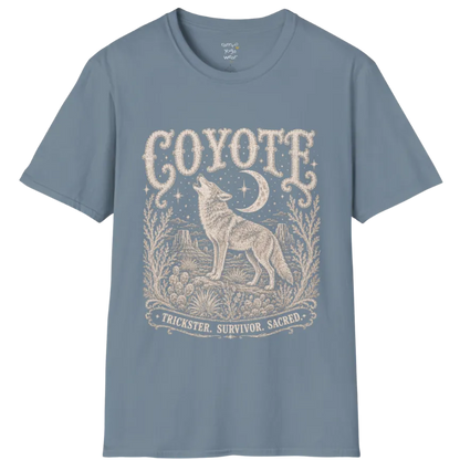 Coyote T-Shirt flat lay short sleeved — vintage engraved coyote graphic tee by Ramro Yoga Wear in Stone Blue.