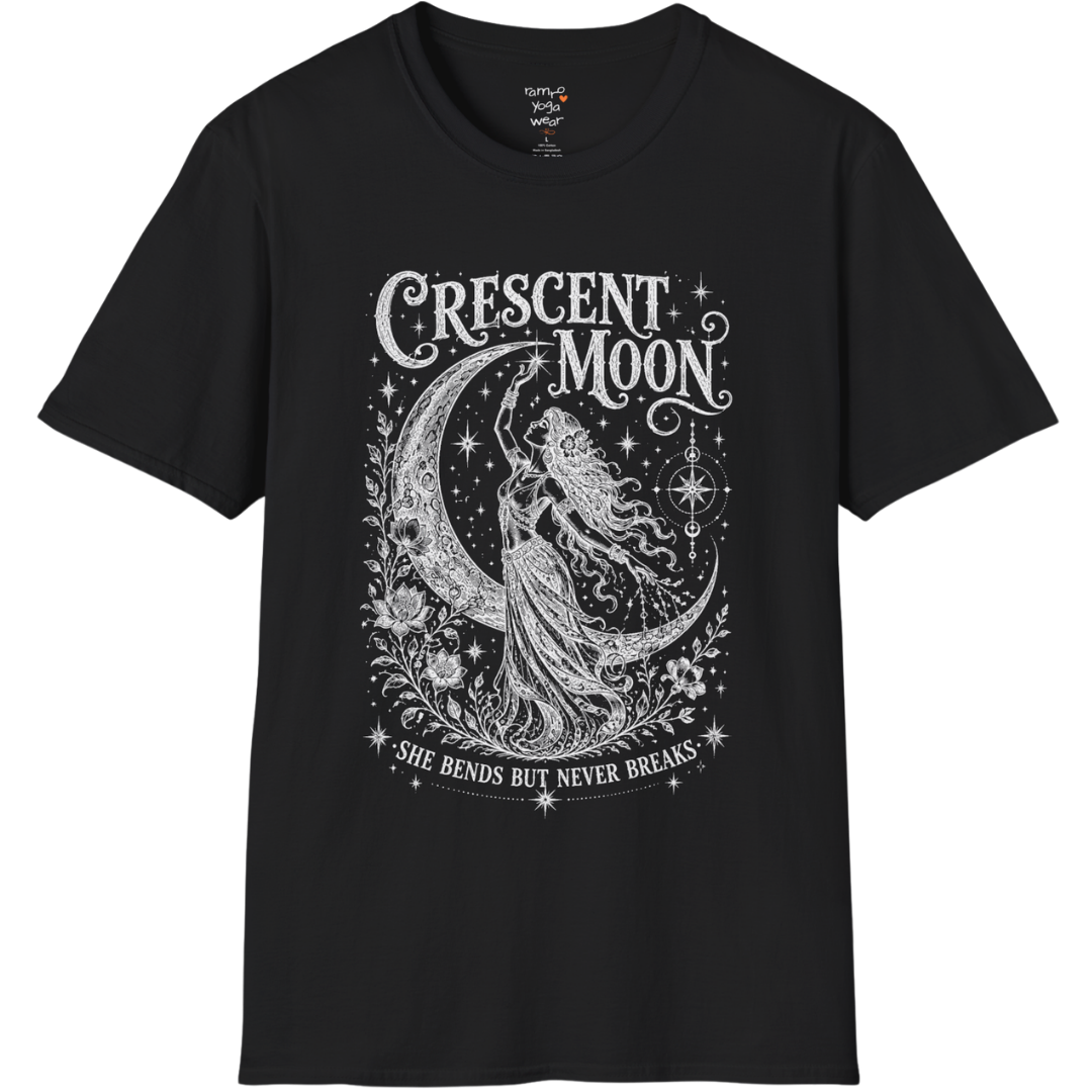 Crescent Moon dark sacred yoga shirt in black — woman and crescent moon engraving design — Sacred Thread collection by Ramro Yoga Wear