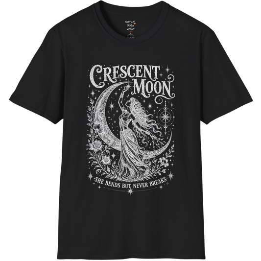 Crescent Moon dark sacred yoga shirt in black — woman and crescent moon engraving design — Sacred Thread collection by Ramro Yoga Wear