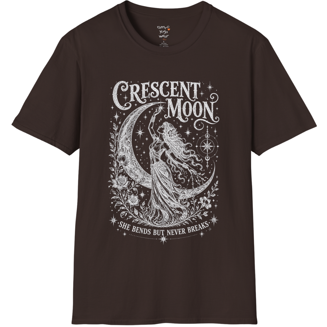 Crescent Moon dark sacred yoga shirt in dark chocolate — woman and crescent moon engraving design — Sacred Thread collection by Ramro Yoga Wear