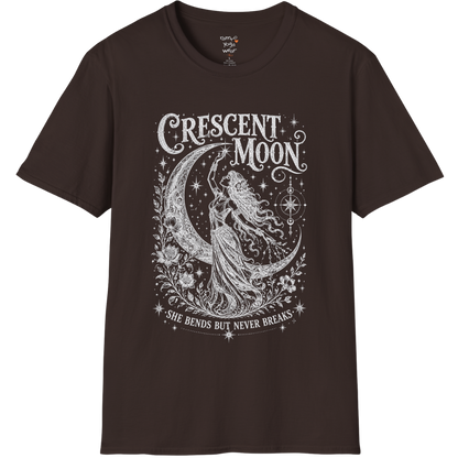 Crescent Moon dark sacred yoga shirt in dark chocolate — woman and crescent moon engraving design — Sacred Thread collection by Ramro Yoga Wear