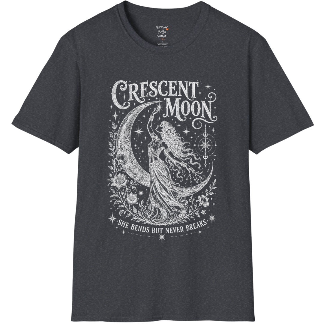 Crescent Moon dark sacred yoga shirt in dark heather grey — woman and crescent moon engraving design — Sacred Thread collection by Ramro Yoga Wear