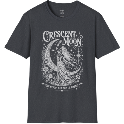 Crescent Moon dark sacred yoga shirt in dark heather grey — woman and crescent moon engraving design — Sacred Thread collection by Ramro Yoga Wear