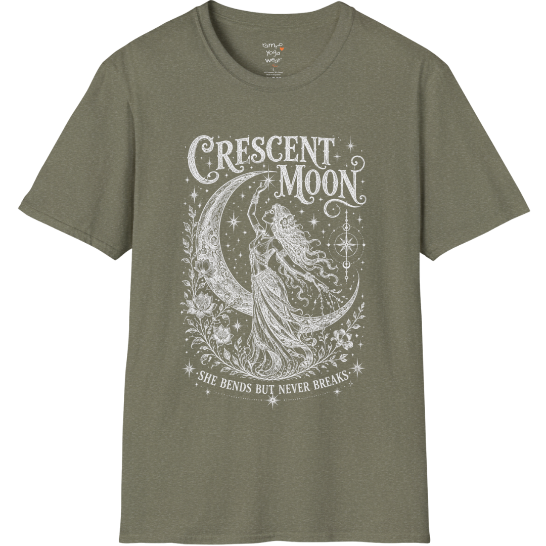 Crescent Moon dark sacred yoga shirt in heather military green — woman and crescent moon engraving design — Sacred Thread collection by Ramro Yoga Wear