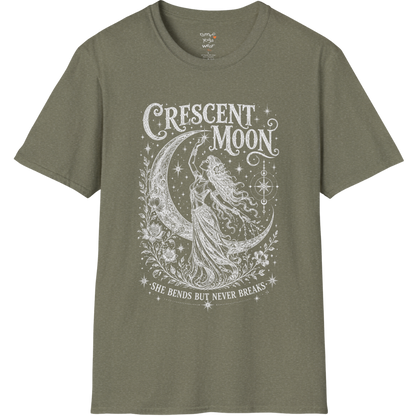 Crescent Moon dark sacred yoga shirt in heather military green — woman and crescent moon engraving design — Sacred Thread collection by Ramro Yoga Wear