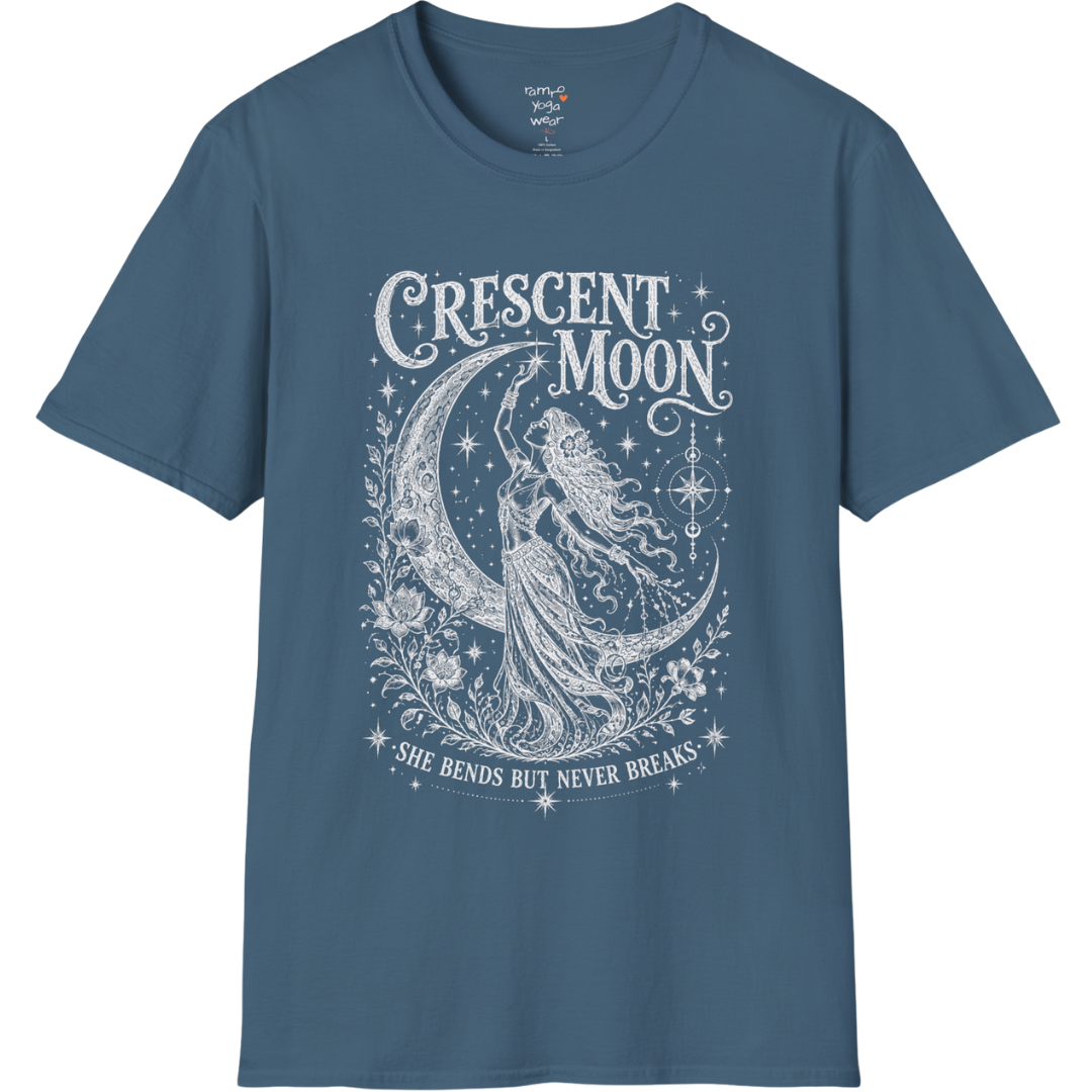 Crescent Moon dark sacred yoga shirt in indigo blue — woman and crescent moon engraving design — Sacred Thread collection by Ramro Yoga Wear