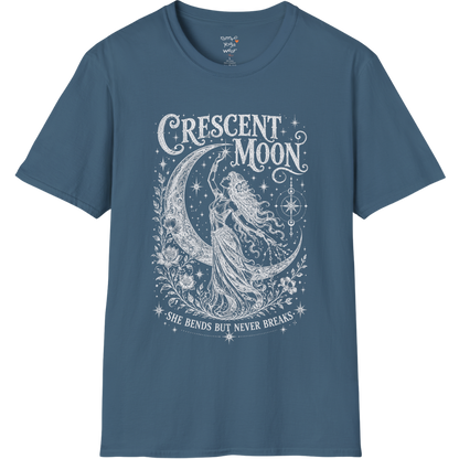 Crescent Moon dark sacred yoga shirt in indigo blue — woman and crescent moon engraving design — Sacred Thread collection by Ramro Yoga Wear