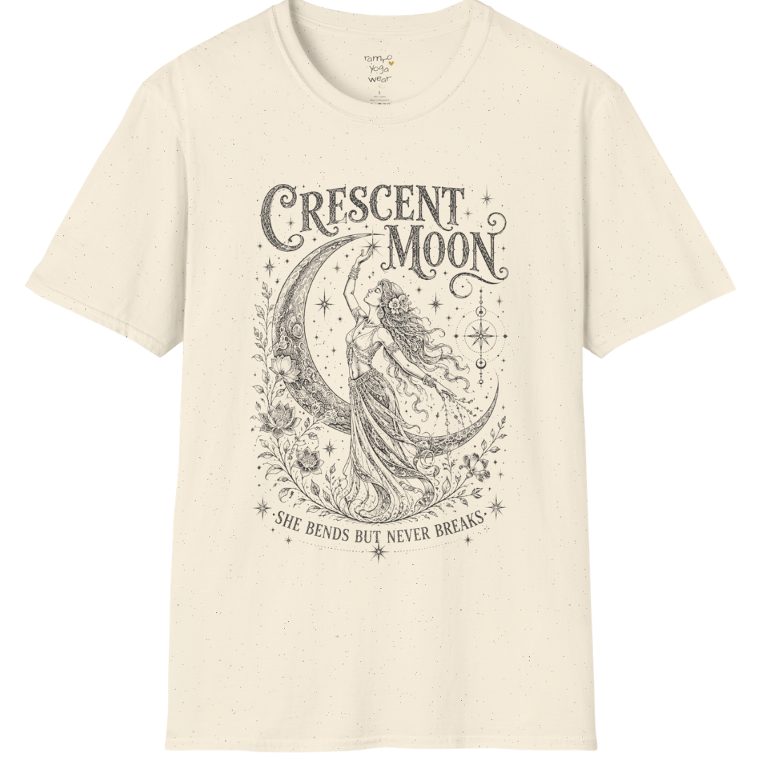 Crescent Moon sacred yoga shirt in natural — woman and crescent moon engraving design — Sacred Thread collection by Ramro Yoga Wear