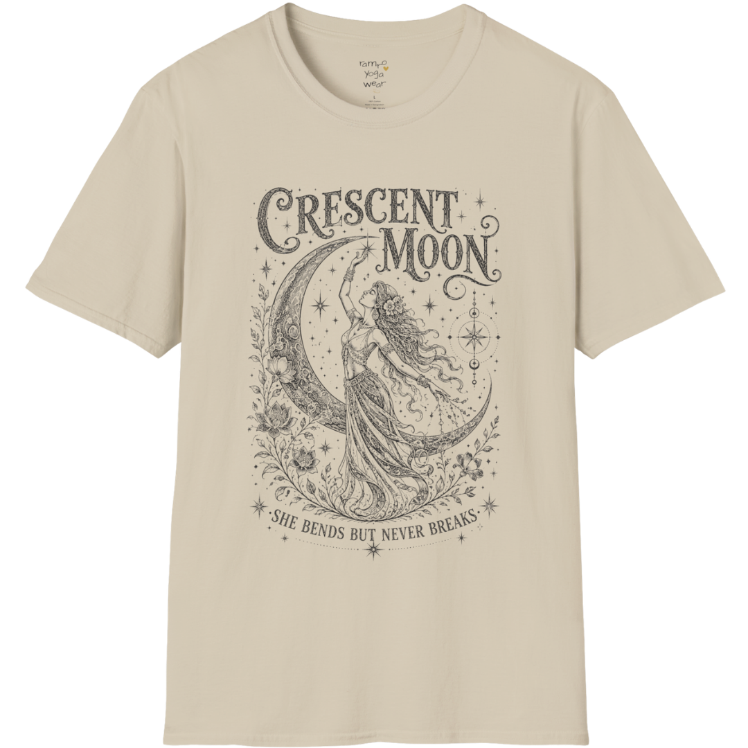 Crescent Moon sacred yoga shirt in sand — woman and crescent moon engraving design — Sacred Thread collection by Ramro Yoga Wear